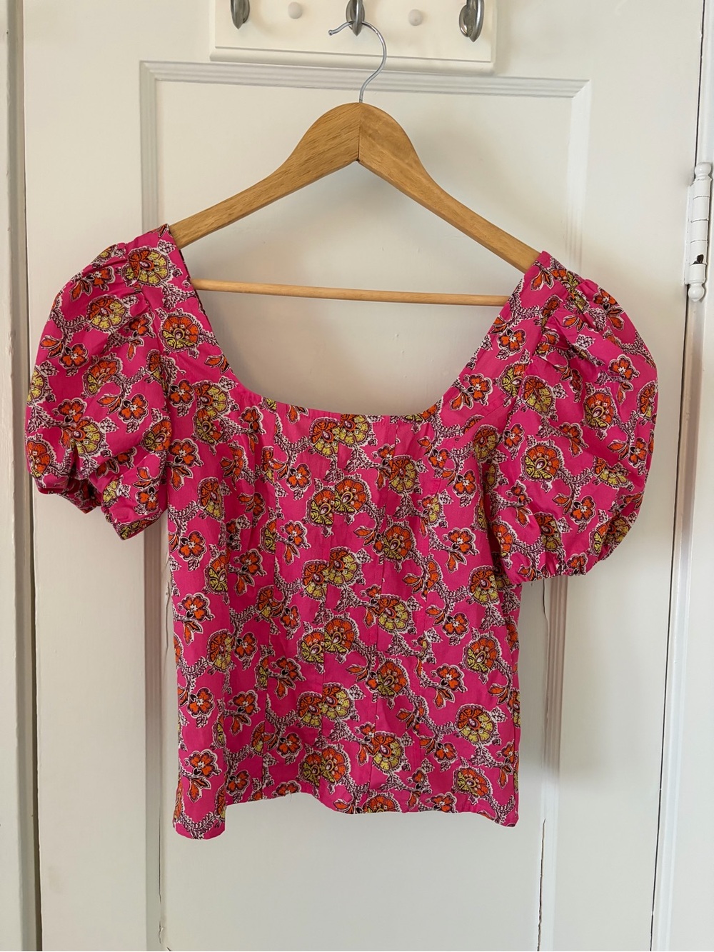 J. Crew Hot Pink Floral Square-Neck Puff Sleeve Blouse